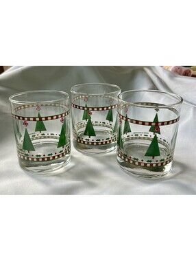 3 Vtg Debbie Mumm 1998 Christmas Tree Rocks Glasses Holiday Cottage Core Grandma